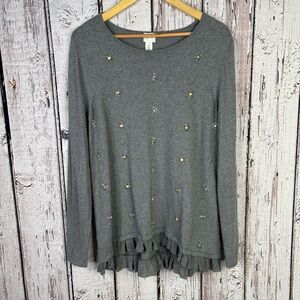 Zenergy by Chico’s 2 Large Gray Ruffle Hem Sweater Embellished Beads Cashmere